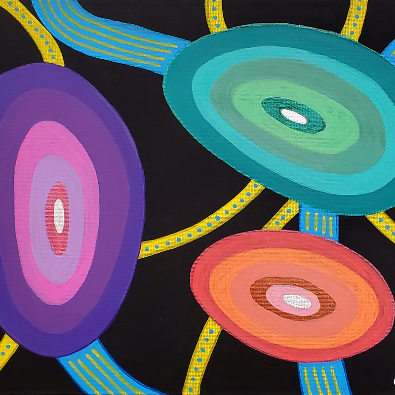 "Mapping Life" delves into the intricate connections that shape our existence and the vast networks that bind us within space. Three luminous oval shapes hover against a black backdrop, their vibrant hues—greens, purples, pinks, and oranges—radiating with energy and life. The black background represents the infinite, a symbol of the unseen expanse that holds and links all things.

Fine blue and yellow lines thread through the composition like pathways or neural circuits, converging at the ovals to evoke the flow of ideas, growth, and communication. The ovals resemble neural connections within the mind, suggesting the beauty of interconnectivity and the ceaseless unfolding of thought and creation. The cellular quality of the piece hints at the genesis of life, a vibrant mapping of how we multiply, expand, and evolve.

This work honours the complexity of existence—how individuality forms part of a greater whole. Mapping Life invites viewers to explore the unseen networks that connect us, revealing the boundless potential within the interwoven patterns of life.