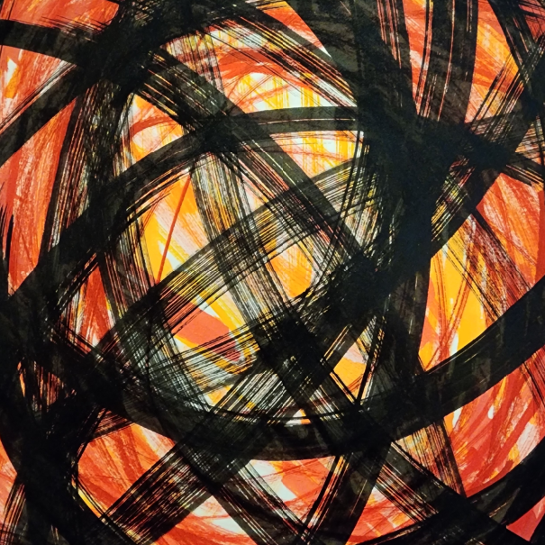“Within the Fire” is an expressive abstract work created with acrylic markers on paper, giving the appearance of flowing ink brushstrokes layered through bold, circular movements. Rich bands of colour wrap around one another, almost like strands of wool wound into a single form, creating a sense of depth, movement and energy expanding and pushing out from within.
Warm yellows and oranges glow beneath the surface, representing an inner knowing that light exists beyond even our darkest and most challenging experiences. Layers of deep red emerge as the embodied expression of frustration, revealing emotion as it moves through us, while we move through it. The final black layer carries a dual symbolism. It speaks to burnt embers and charcoal, the remnants of transformation, while also representing the quiet strength of love; the universal presence that allows us to remain still as the observer in awareness while the story of self continues its movement through discomfort.
The circular forms suggest an inward journey as much as an outward one. As each layer unfolds, they invite reflection on the relationship between awareness and transformation. It is through fully meeting our inner experience, rather than resisting it, that growth unfolds and new possibilities begin to emerge.
Within the Fire is an invitation to recognise that the deeper we are willing to journey into ourselves with curiosity and presence, the more clearly the light begins to reveal itself.
