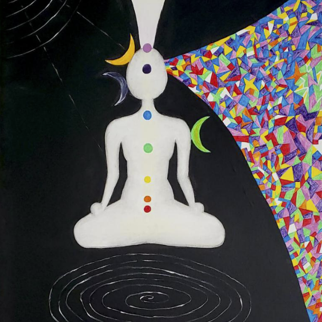 "Inner Universe" is an evocative painting that invites viewers on a journey through the cosmos and the depths of the human psyche. The black serves as a dual symbol: the infinite expanse of the universe and the inner void we encounter in moments of deep meditation. In the top left corner, an eye vibrates with awareness, a sentinel of consciousness observing the unfolding scene. At the heart of the painting, a white figure sits serenely in the lotus pose, embodying the essence of meditation and inner peace. Three crescent moons—yellow, purple, and green—gracefully touch the figure, representing the harmonious balance of mind, body, and spirit. The figure appears to levitate above a delicate spiral, suggesting the ethereal nature of existence and the interconnectedness of all things. Within the figure, vibrant dots of red, orange, yellow, green, blue, indigo, and violet depict the energy centres, or chakras, aligning in perfect harmony. A stream of radiant light descends from above. This stream symbolises the divine connection and the flow of universal energy into the self. On the right side, a half-diamond section with a white background contains fractal fragments, representing the intricate process of creating our reality. These fragments remind us that our perception shapes our world, and what we see externally is a reflection of our inner state. This painting challenges viewers to contemplate the profound question: “What is without, is within.” It is a visual meditation on the interconnectedness of all things, urging us to reflect on how we shape our own reality and how the external world mirrors our inner state.